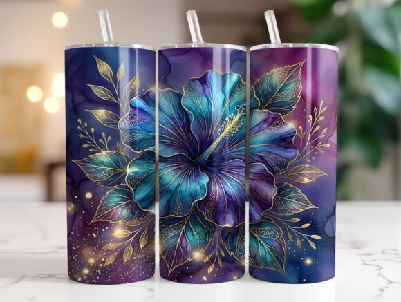 Blue Hibiscus Gold Leaf 20oz Tumbler PNG