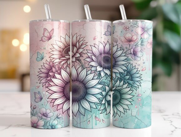 Boho Sunflower Pastel Floral Tumbler PNG