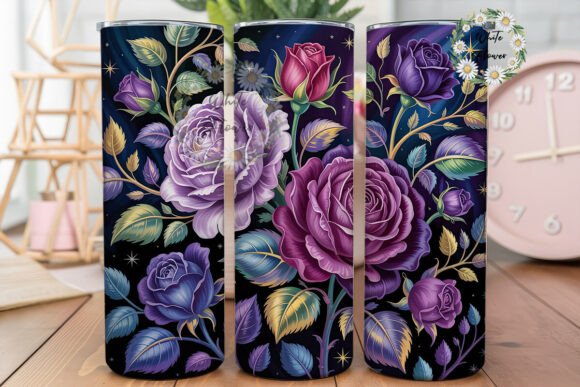 Dark Purple Gold Roses Tumbler Wrap PNG