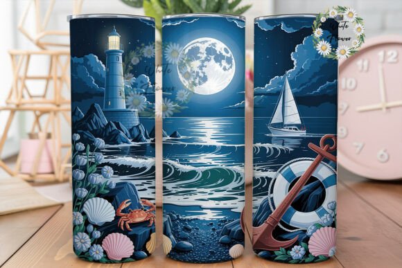 Moonlit Ocean Lighthouse Scene Tumbler
