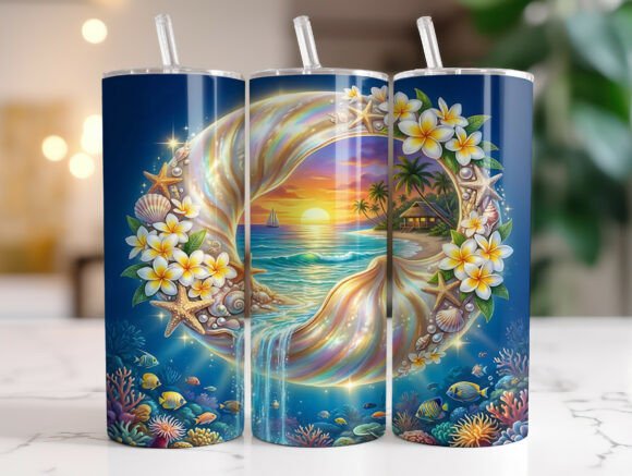 Ocean Sunset Seashell Plumeria Tumbler
