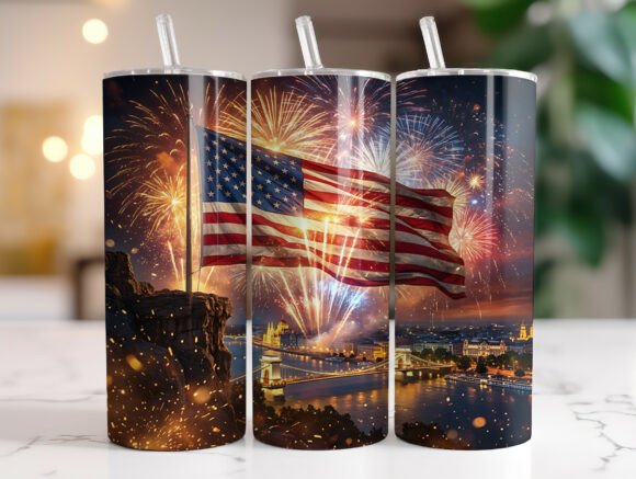 Patriotic USA Flag Fireworks Tumbler PNG