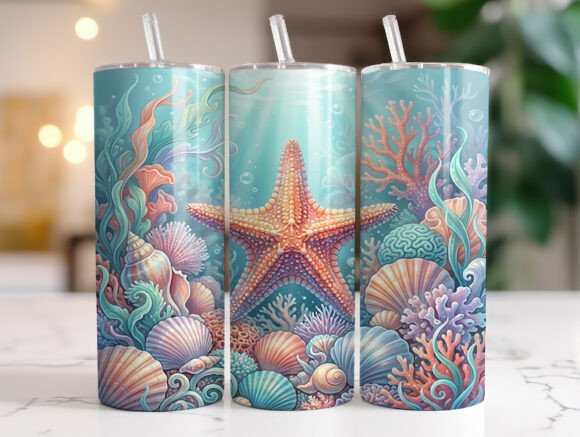 Underwater Starfish Seashell Tumbler PNG